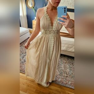Azucar Embroidered  Lace Trim Cotton Boho Maxi Dress, M!